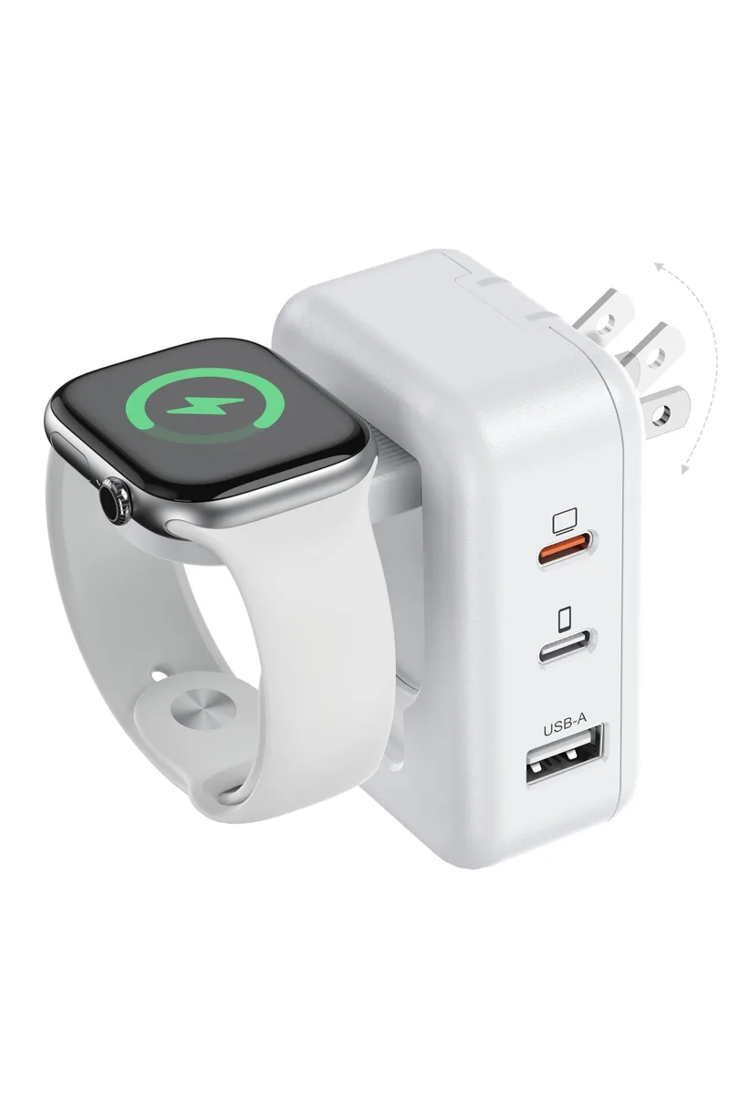 White rectangular charger with foldable plug and pop-up Apple Watch puck, compact brick shape with matte finish