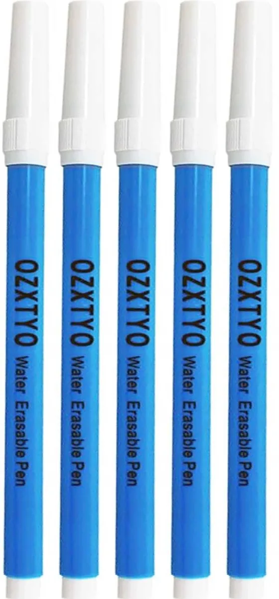 Five blue washable fabric markers with fine points
