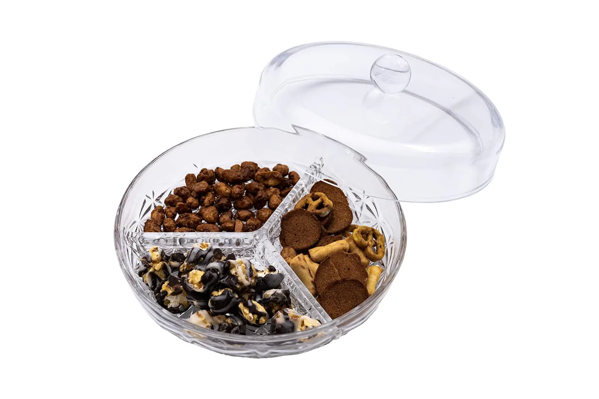 DNBeffulgent DNBeffulgent 3-Section Round Snack Tray with Lid 9.5 in Clear Acrylic — product photo