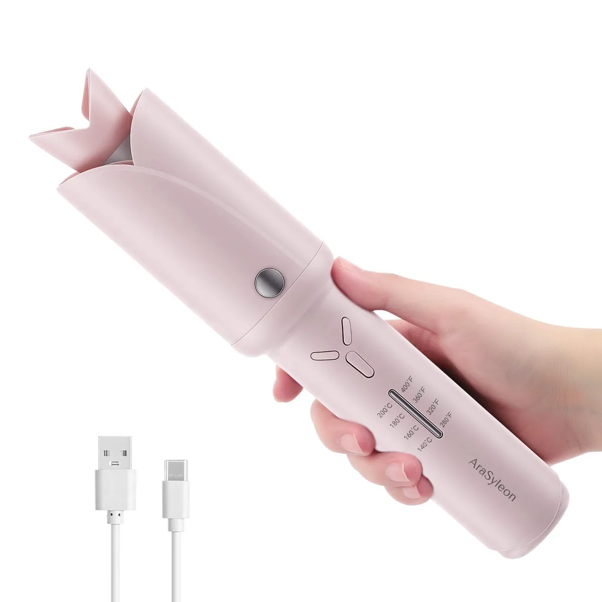Pink cordless curling iron with cylindrical ceramic barrel and automatic rotating chamber