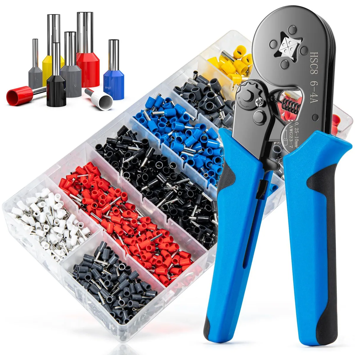 Red ratchet crimper pliers with 1250 brass ferrules in assorted sizes for AWG 23-7 wire