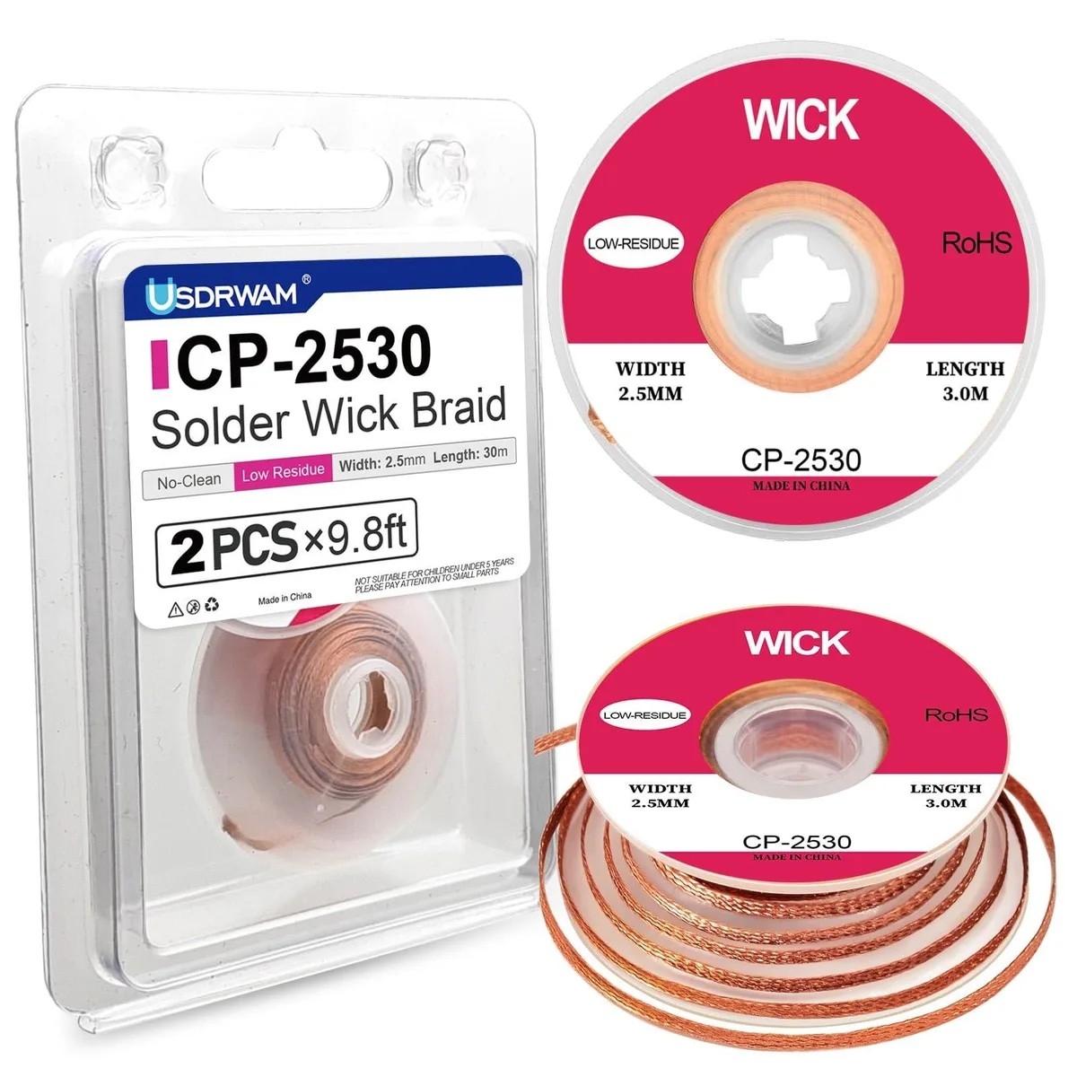 Two rolls of copper desoldering braid in a box, .1 inch wide, 9.8ft each