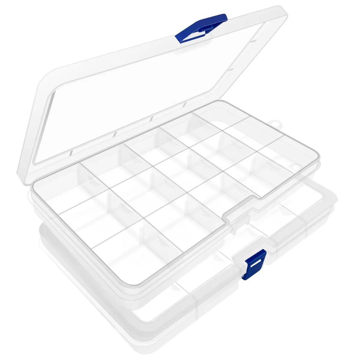 Two white rectangular plastic boxes with latches and adjustable dividers