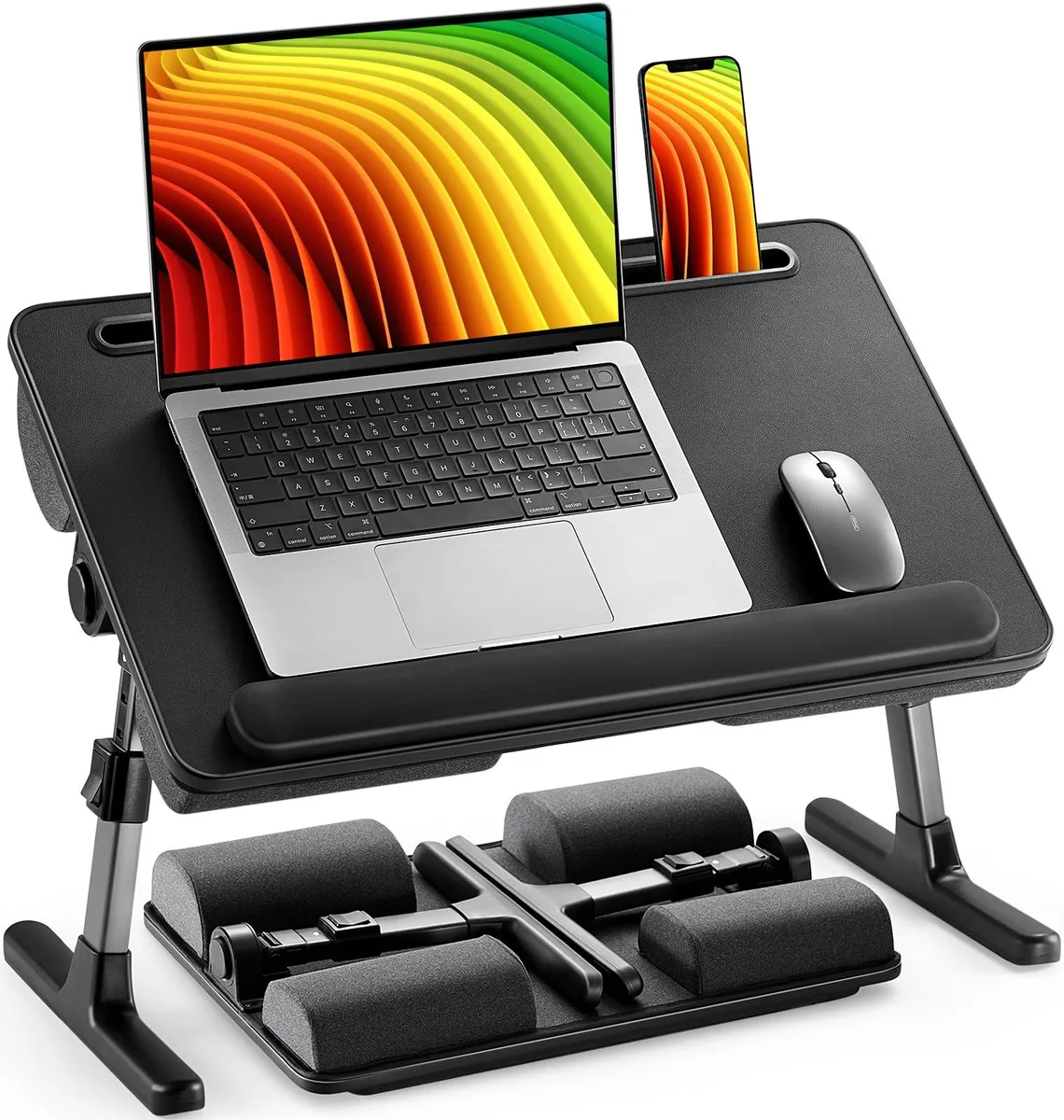 Black foldable lap desk with dual bolster cushions, adjustable tilt and height, tablet and phone slots, wrist ledge