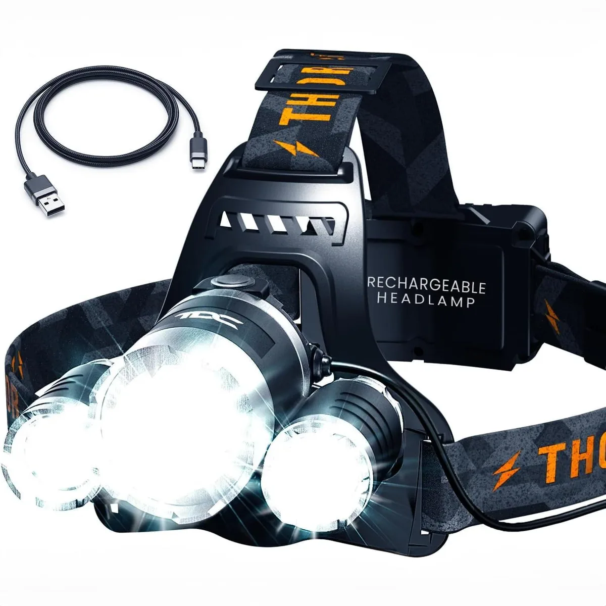Compact grey headlamp with adjustable strap and USB-C port
