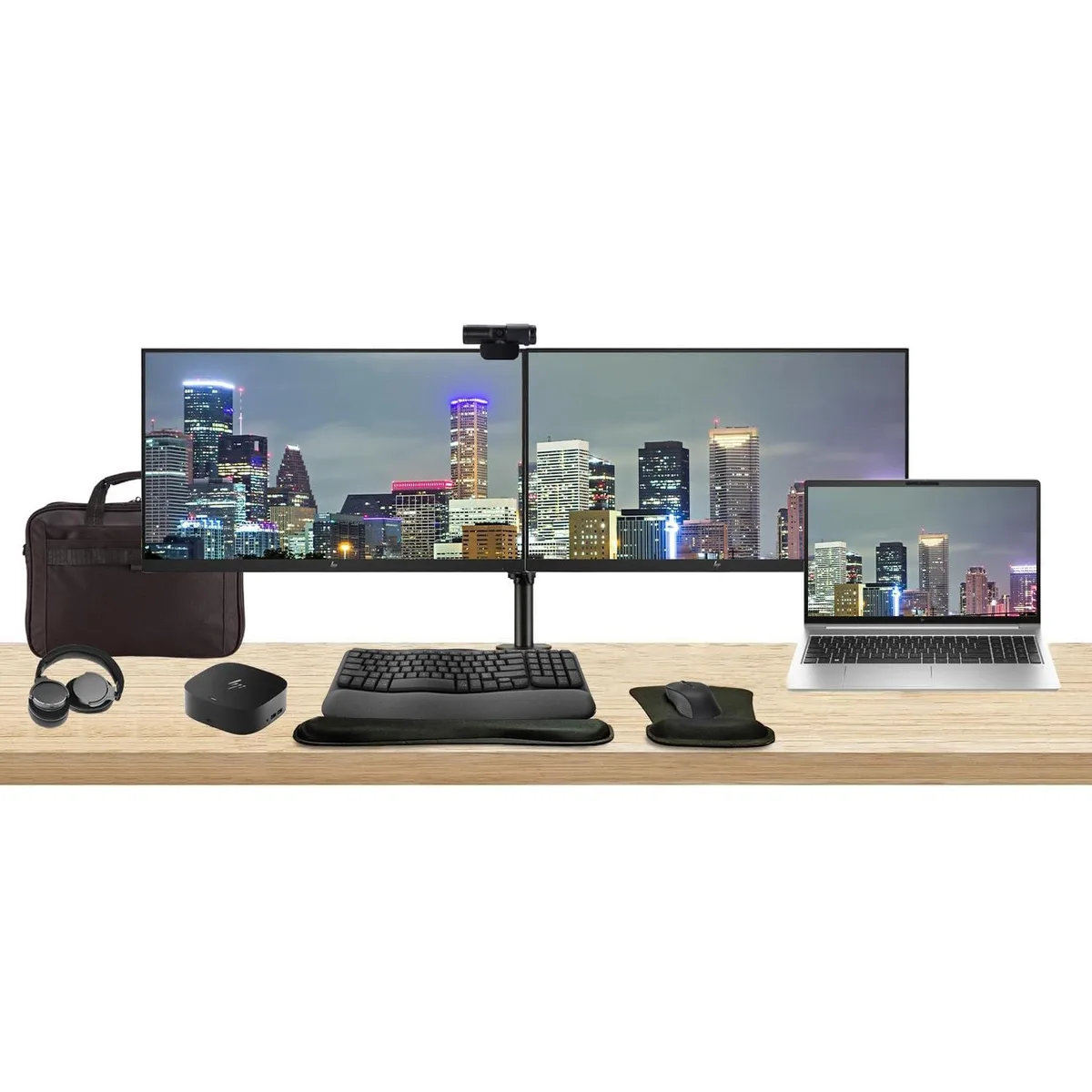 HP HP ProBook 450 G10 laptop bundle with dual 24" monitors, dock, keyboard, mouse, webcam, headphones, bag — product photo