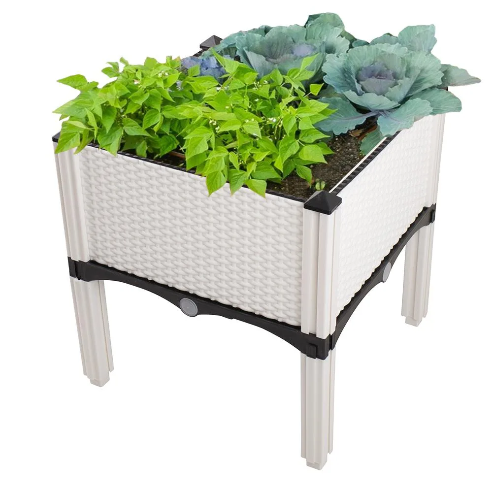 White modular raised garden bed kit, four interlocking HDPE panels with detachable legs and corner caps