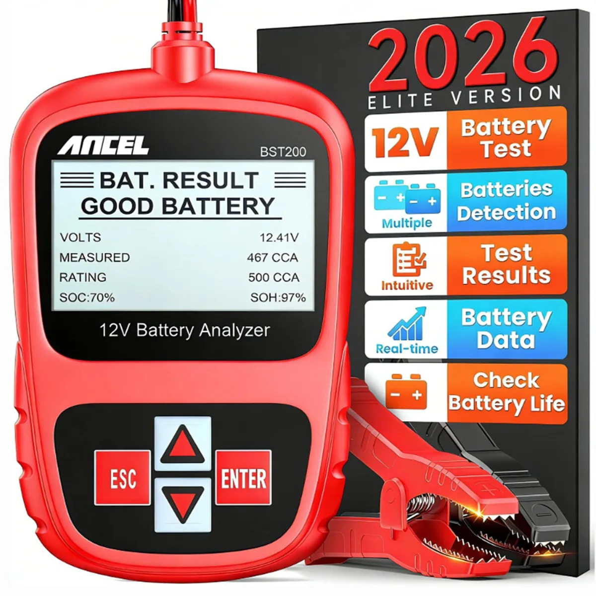 Compact rectangular handheld tester in dark grey plastic with reinforced red and black clamps attached by coiled cables small LCD