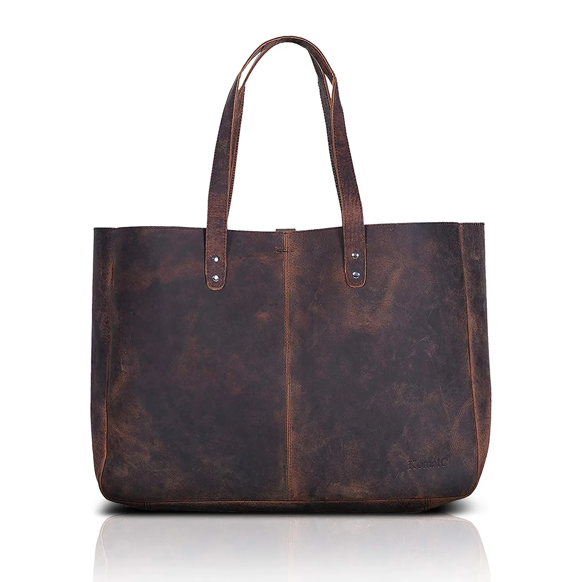 Buffalo Distressed Tan leather tote bag with letter pattern, 12 by 15 by 4 inches