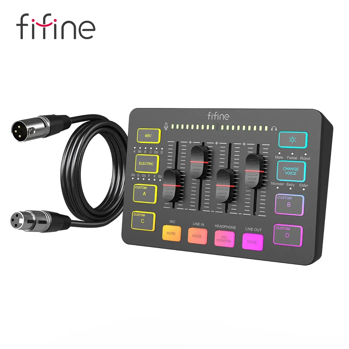 Compact rectangular audio mixer in dark finish with faders, knobs and RGB lighting, shown with XLR cable