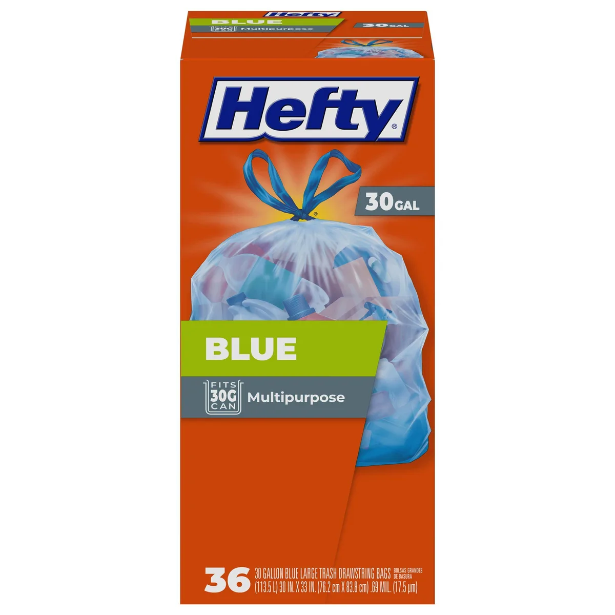 Box of 36 blue 30 gallon drawstring trash bags