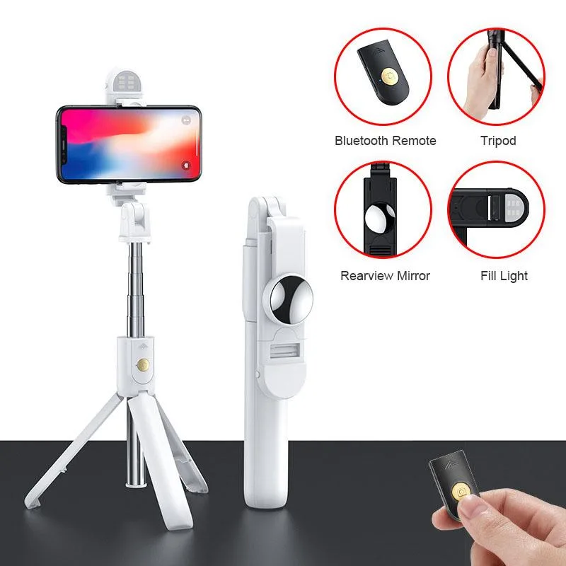 NO. NO. Selfie Stick Tripod White Bluetooth Remote LED Fill Light 360° — product photo