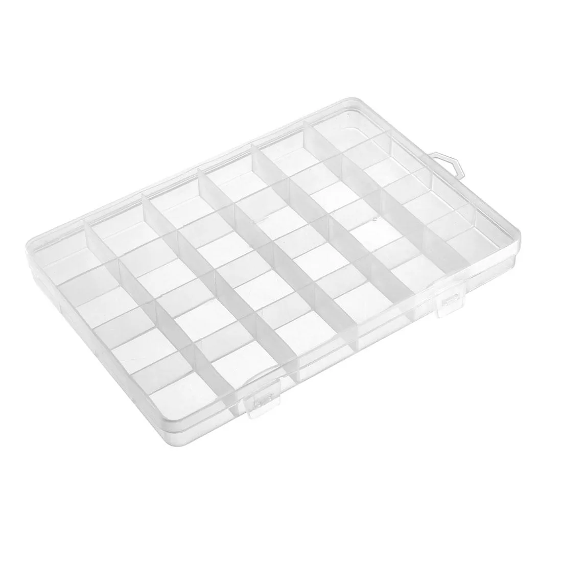 Clear white plastic storage box with 24 fixed compartments and two buckles, 193x135x21mm