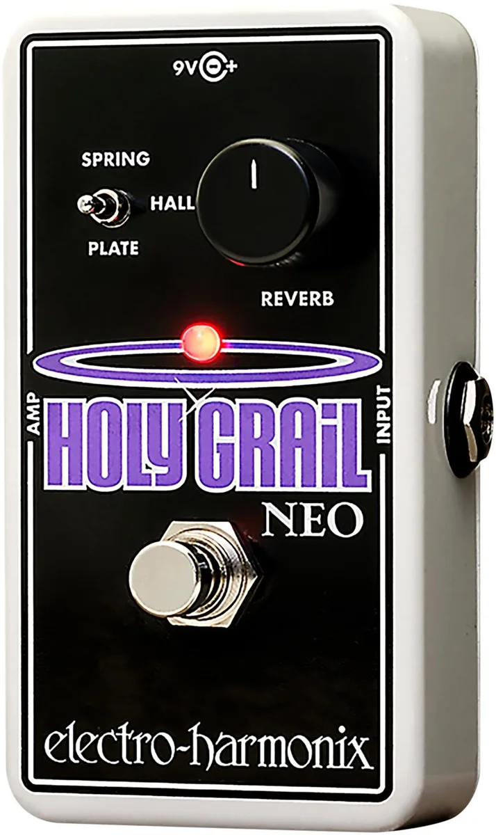 Compact silver guitar pedal with three-position reverb selector and single control knob