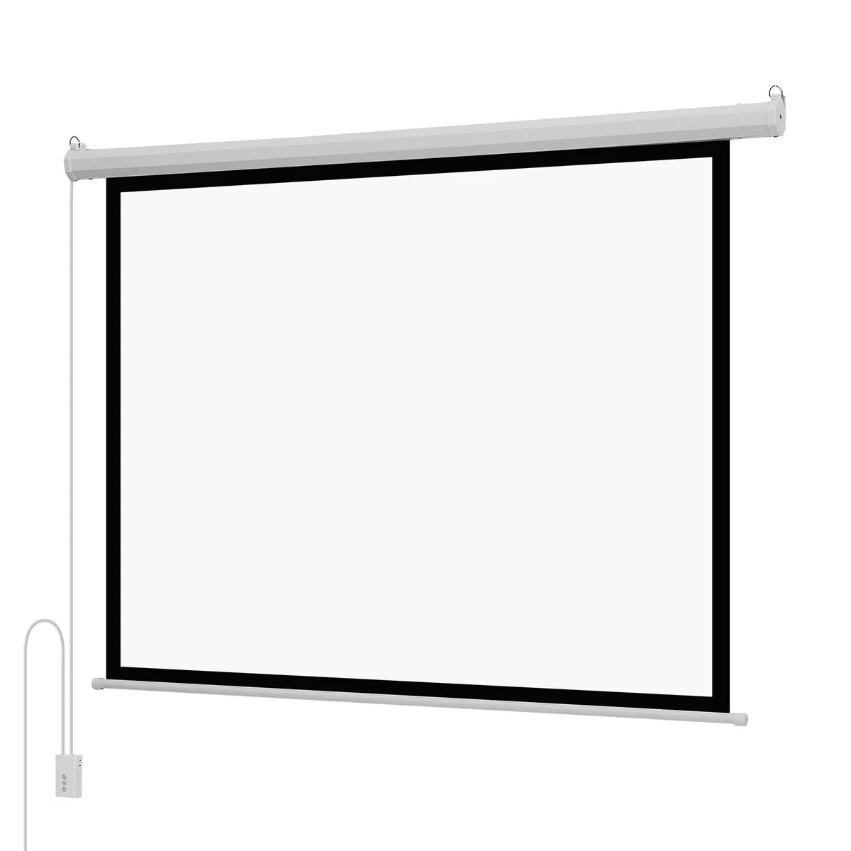 White rectangular motorized projector screen casing mounted on wall, fabric rolled inside