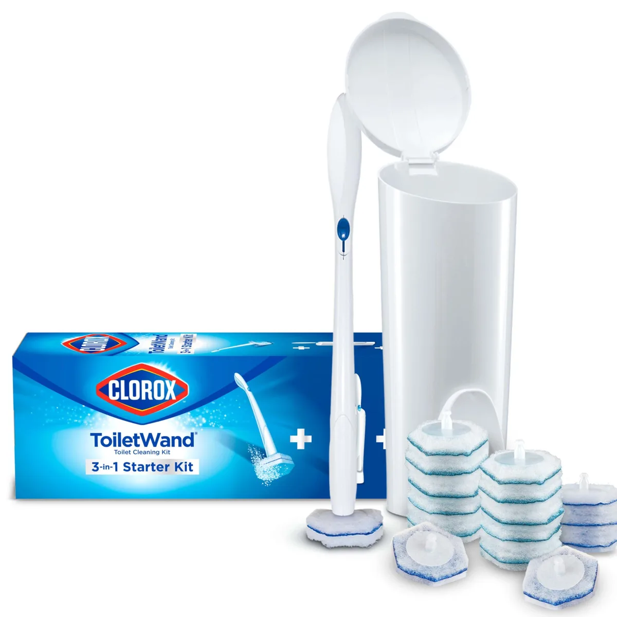 White plastic toilet wand with caddy and refill pads
