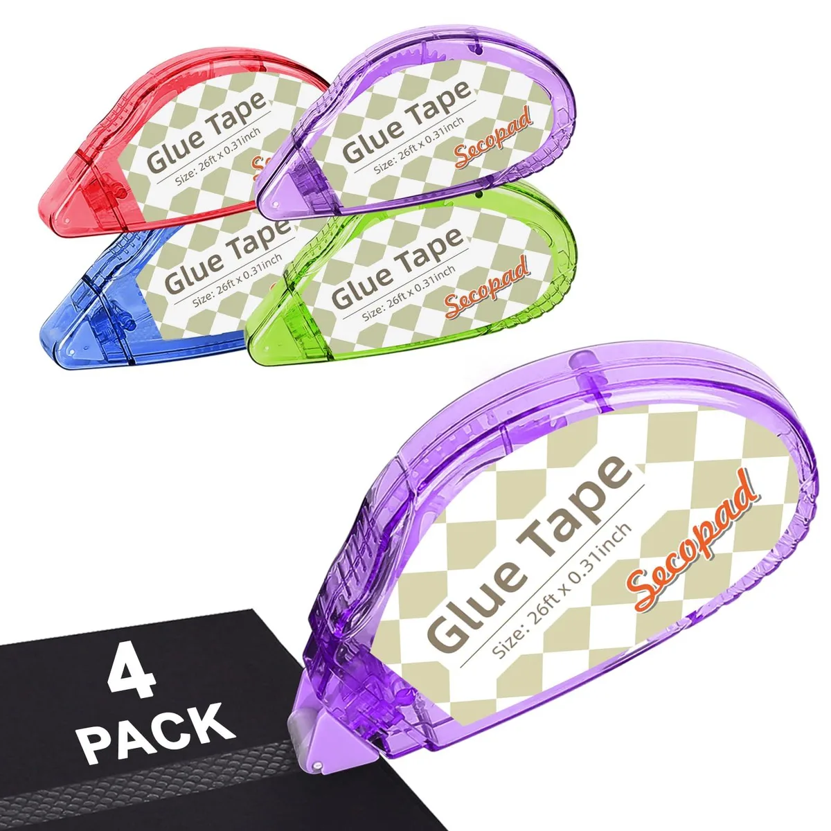 Four clear plastic tape rollers in a row