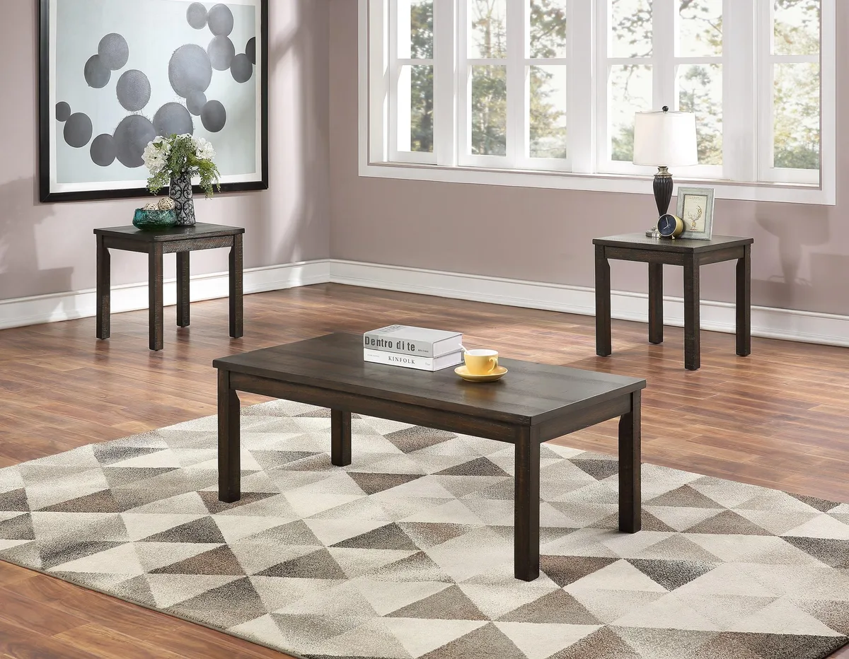 Three-piece espresso table set: one rectangular coffee table and two square end tables, dark wood-grain finish, clean straight legs