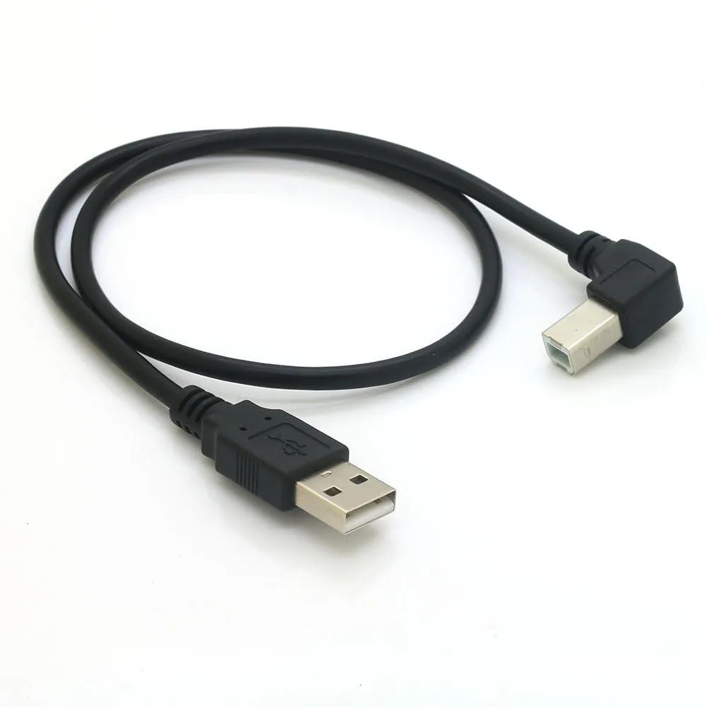 Black USB 2.0 cable with 90-degree right-angle Type B connector, 19 inches long