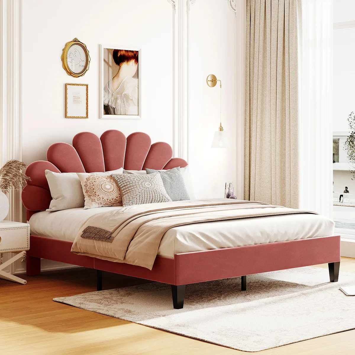 Queen upholstered platform bed with flower-pattern velvet headboard in bean paste red