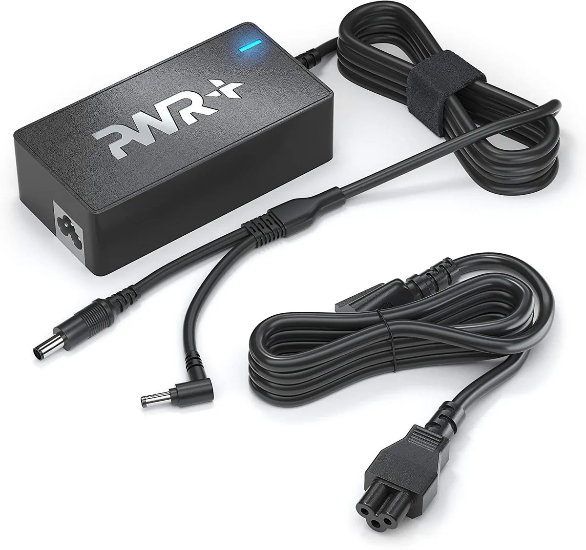 Rectangular black power brick with long cable and interchangeable tips