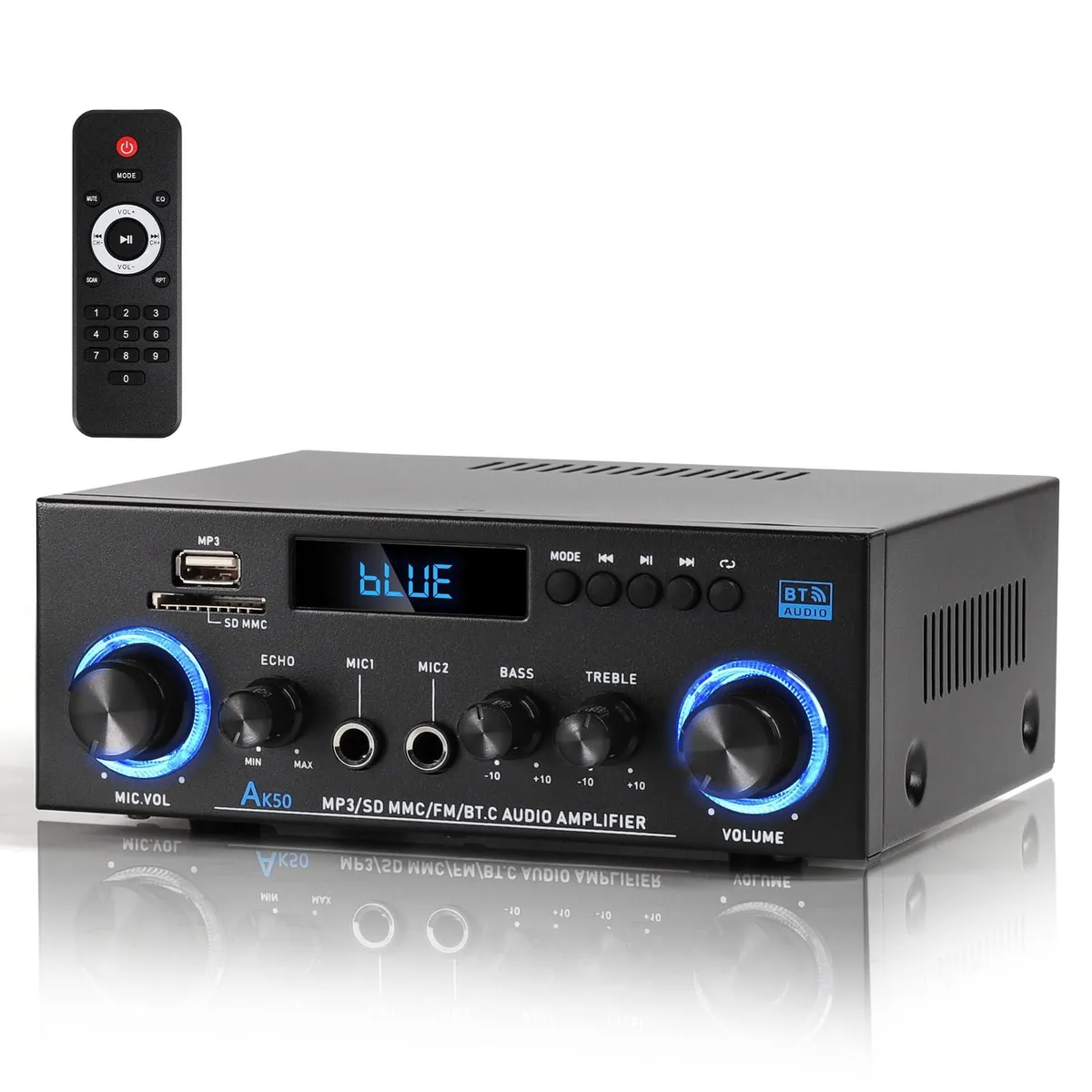 Silver metal stereo amplifier with front panel knobs, buttons, display, and microphone jacks