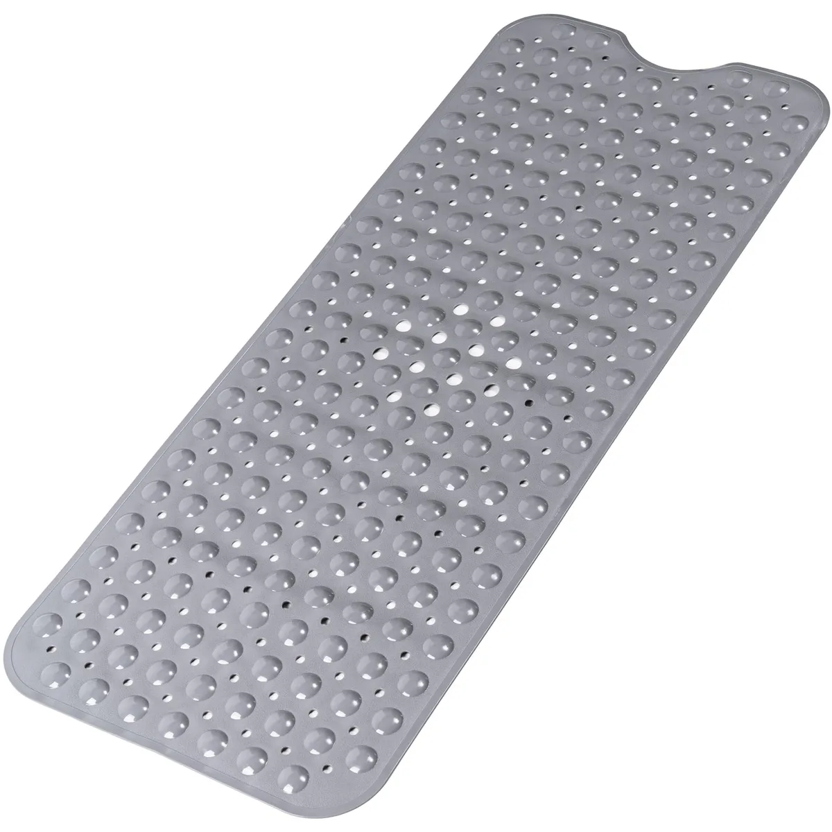 Grey rectangular bath mat 40 by 16 inches with pebble texture and suction cups