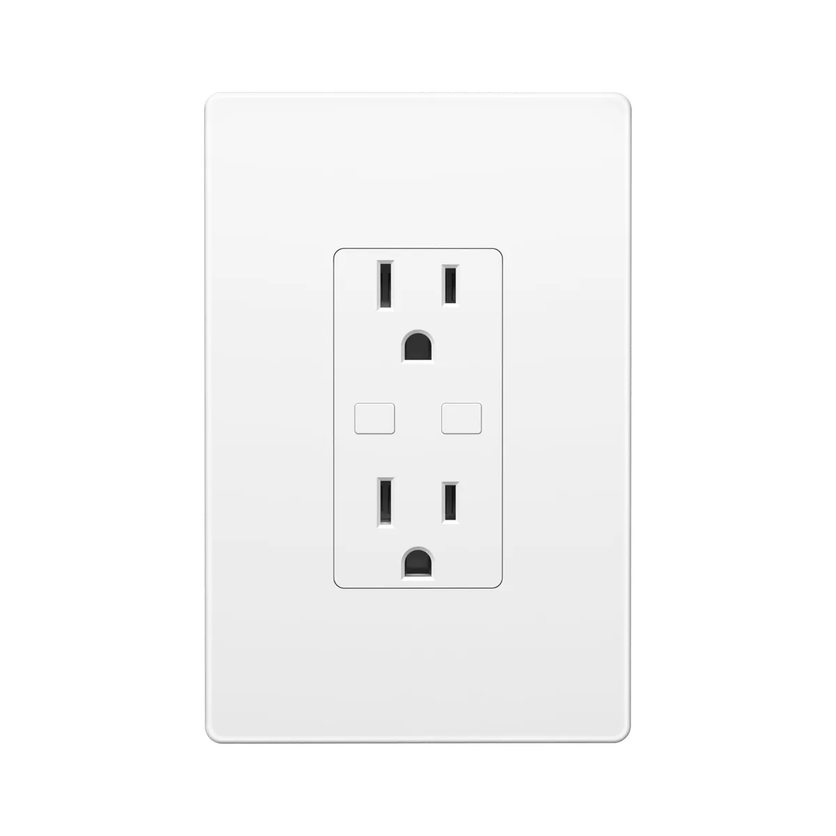 Black rectangular in-wall outlet with two white sockets and a subtle LED indicator