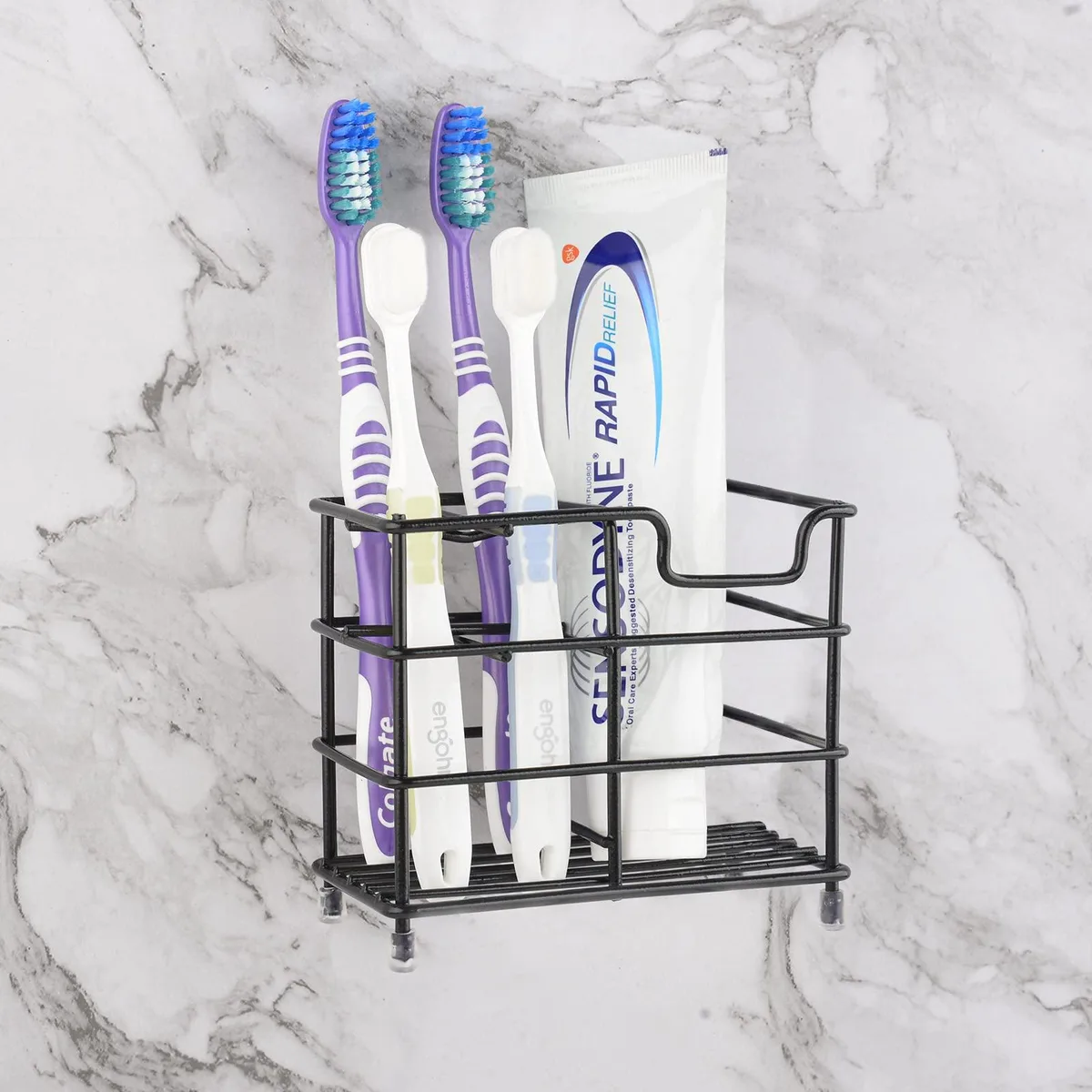 Black stainless steel wall-mounted toothbrush holder with five slots and self-adhesive backing