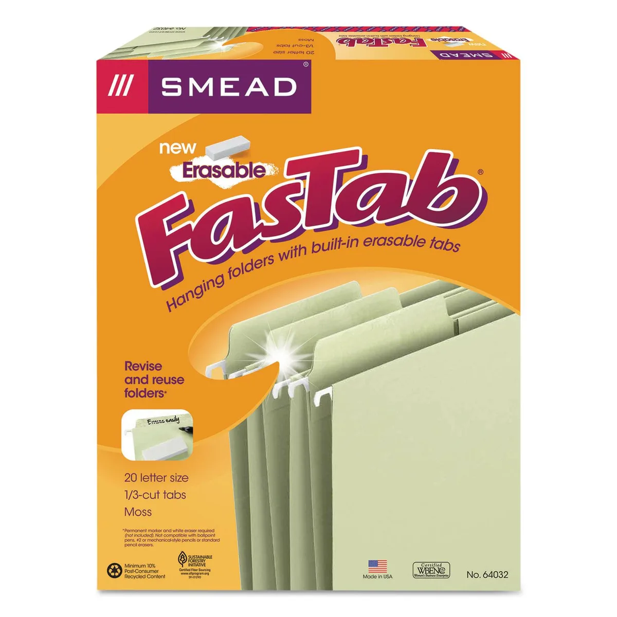 Smead Smead 64032 Erasable Fastab Hanging File Folders 1/3-Cut Letter 11 Point Moss 20/box — product photo