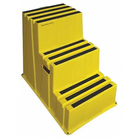 Yellow plastic box step ladder with three steps and four spare foot pads