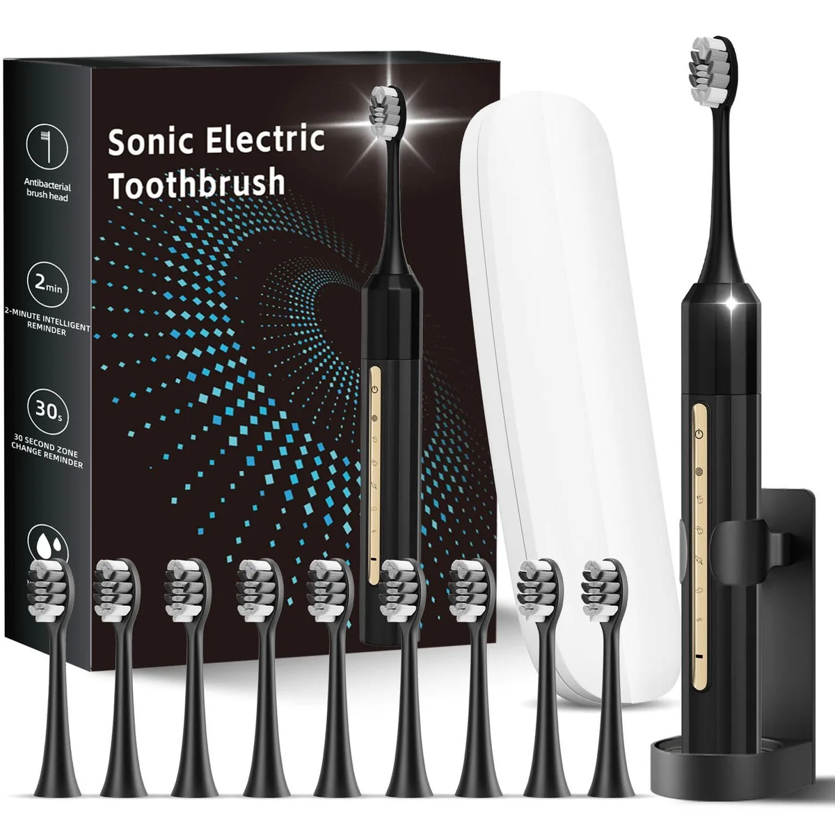 White sonic toothbrush handle with ten brush heads