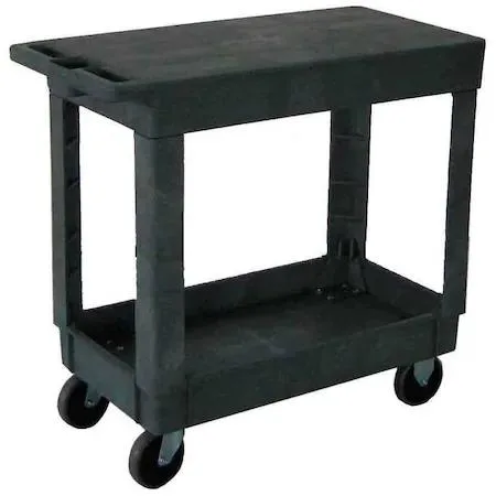 Gray two-shelf polypropylene utility cart with flat handle and four wheels