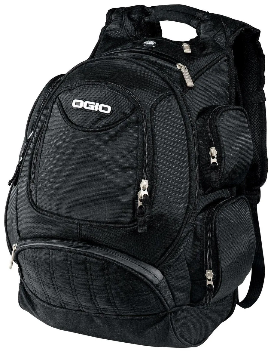 Black OGIO Metro backpack with quilted half-moon pocket and side laptop entry
