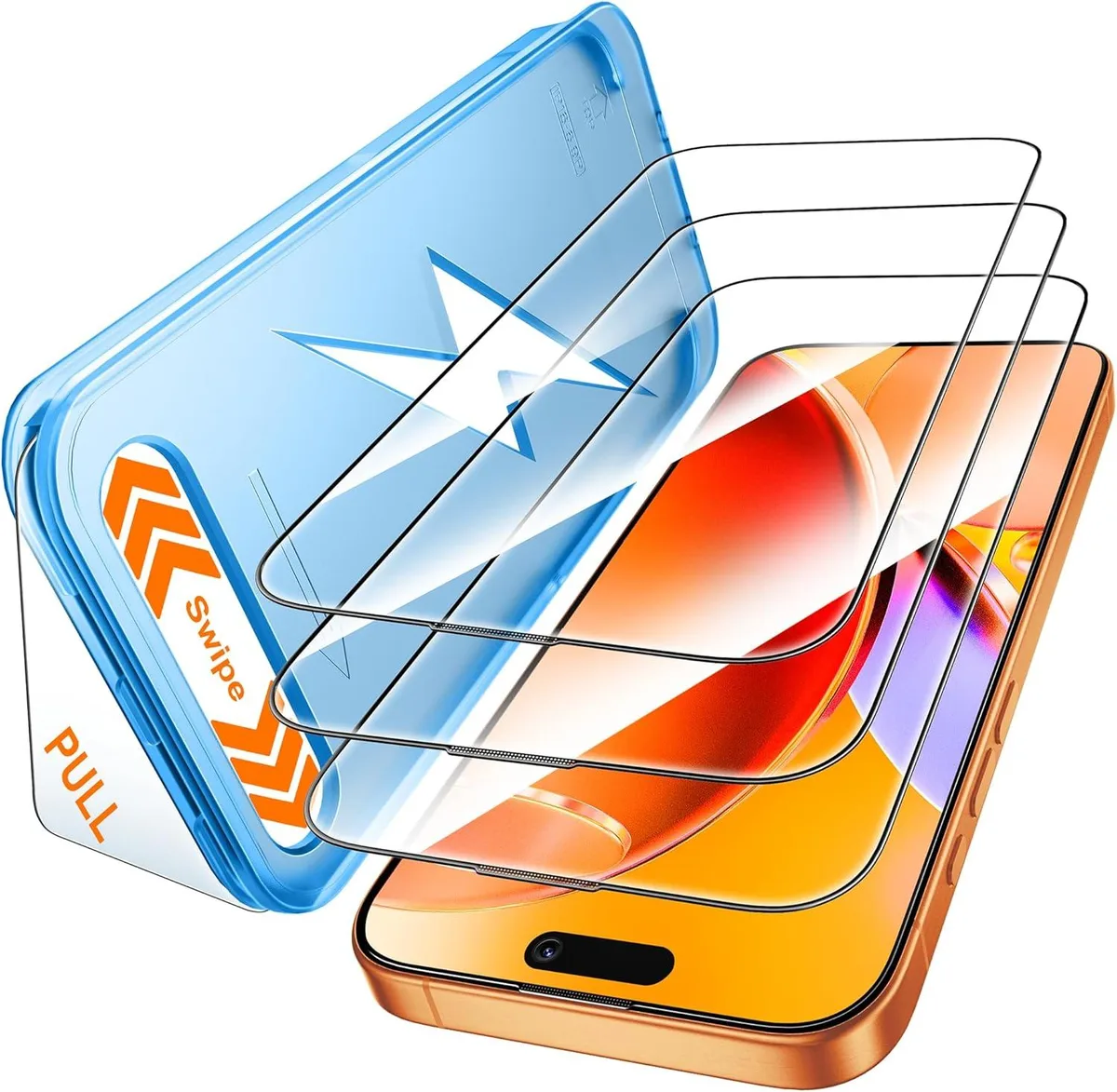 Three clear tempered-glass screen protectors with alignment frame and cleaning kit