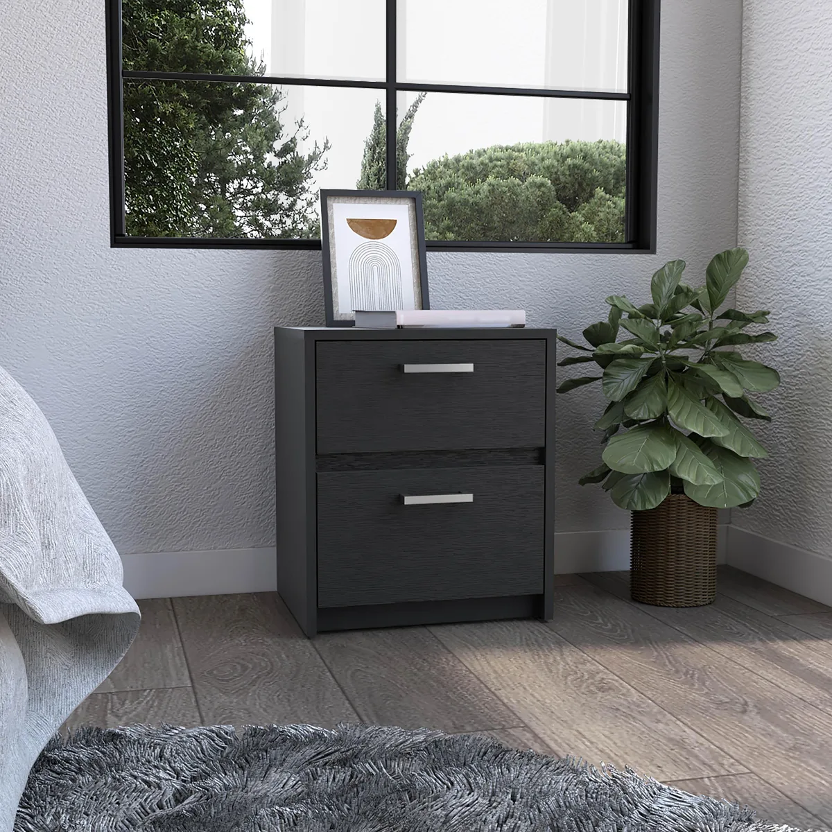 Black particle-board nightstand, 18 inches high, two drawers with metal handles