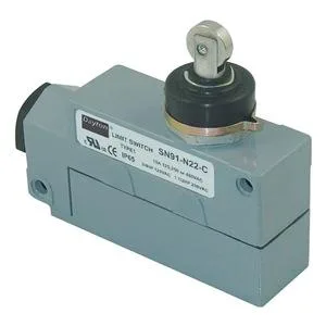 Compact rectangular limit switch with top-mounted cross roller actuator, grey enclosure, screw terminals visible