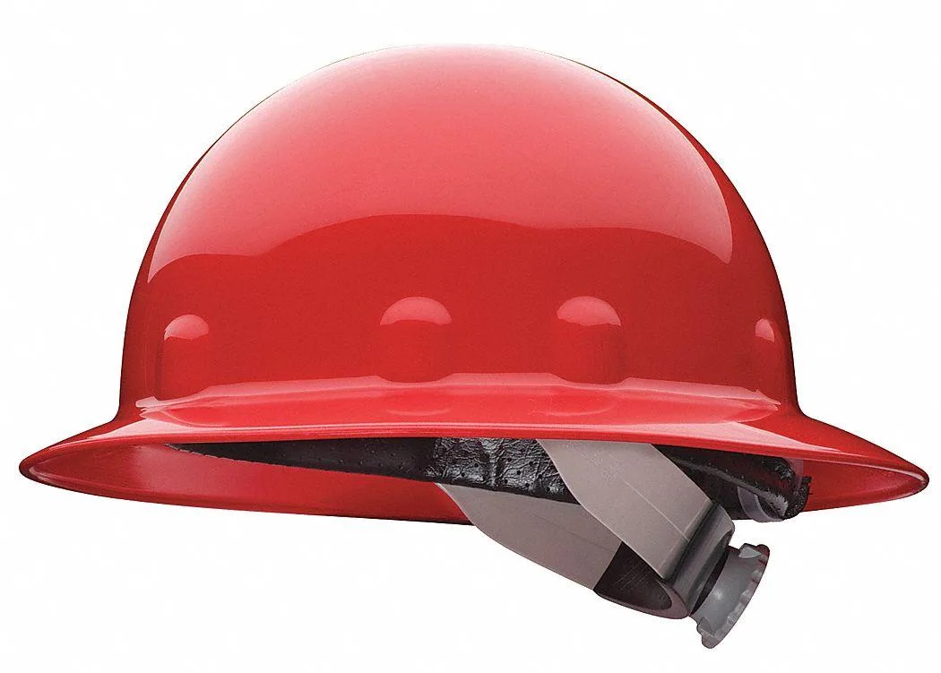 Red full-brim thermoplastic hard hat with eight-point swing ratchet suspension