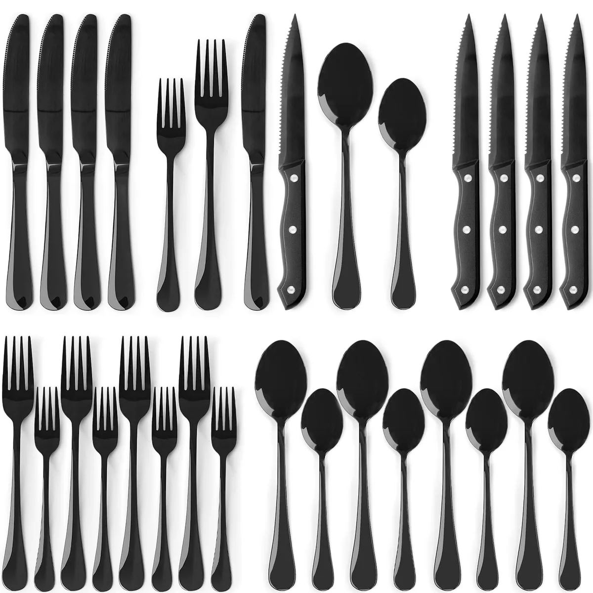 A 24-piece black stainless steel flatware set with steak knives, mirror-polished finish