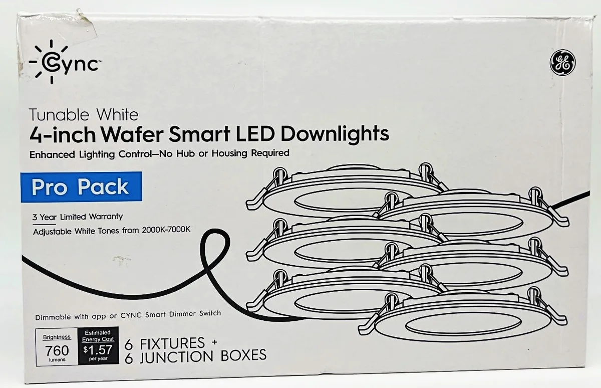 GE GE Cync 4 inch wafer Smart LED Downlights adjustable white 2000-7000K 760 lumens 13W 120V case of 6 — product photo