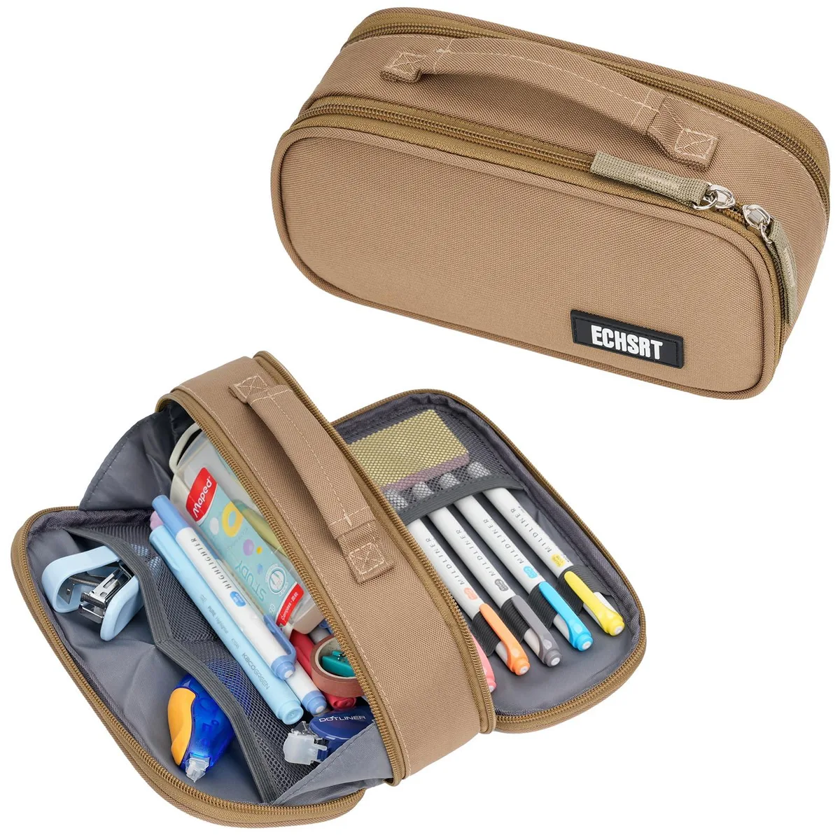 Brown rectangular pencil case with zipper closure, carry handle, and khaki Oxford fabric finish