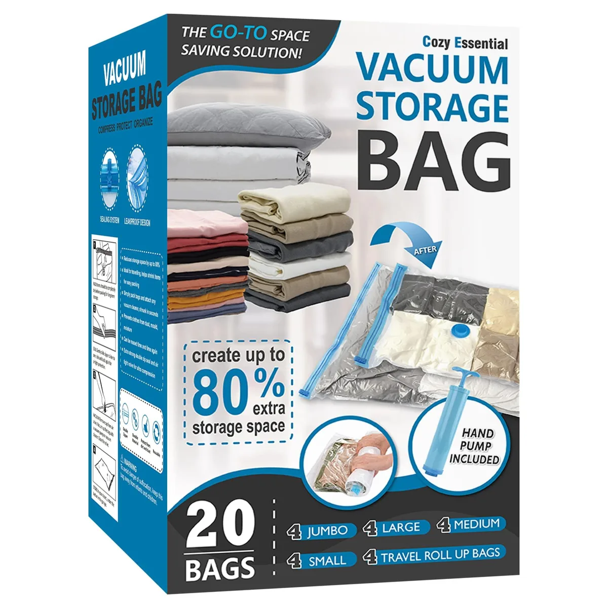 Transparent plastic vacuum storage bags in multiple sizes with hand pump, flat-packed in combo set