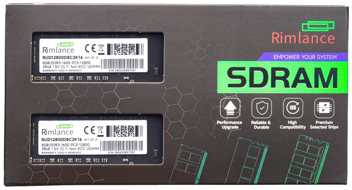RIMLANCE RIMLANCE RUD12800D8C2K16 16GB (2x8GB) DDR3 1600 CL11 240-pin desktop RAM — product photo