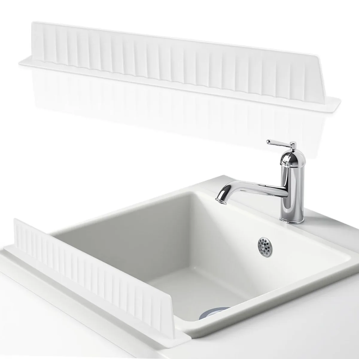 Long flexible silicone splash guard with suction cups along one edge