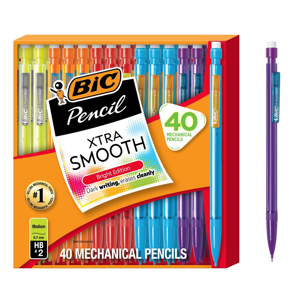 Clear plastic box holding 40 bright mechanical pencils with colourful barrels and .7 mm tips