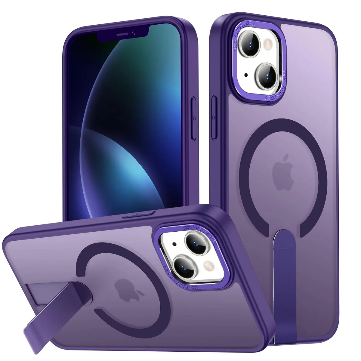 Purple translucent iPhone 13 case with built-in kickstand and MagSafe ring