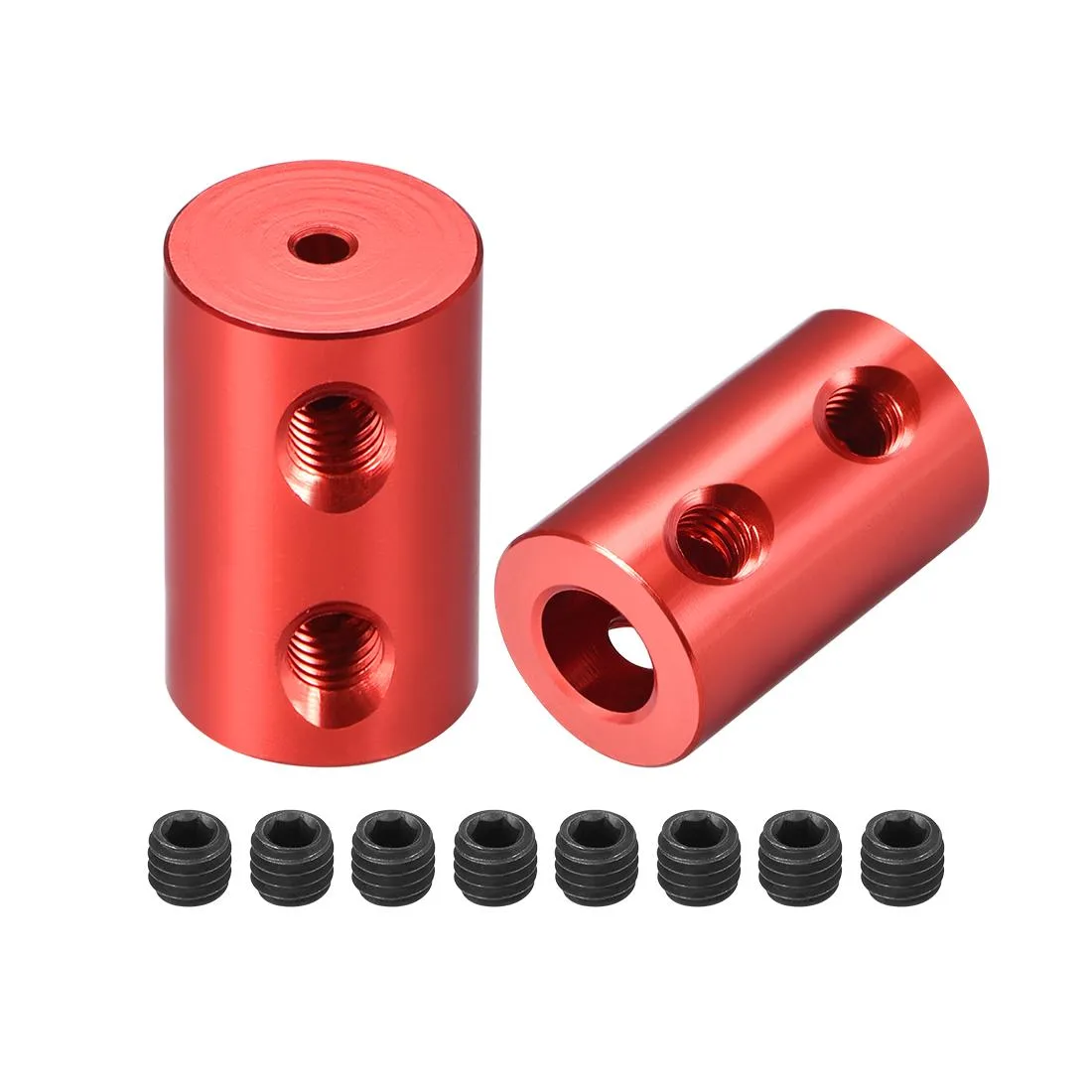 Two red aluminum rigid shaft couplers 20mm long 12mm diameter with M4 screws