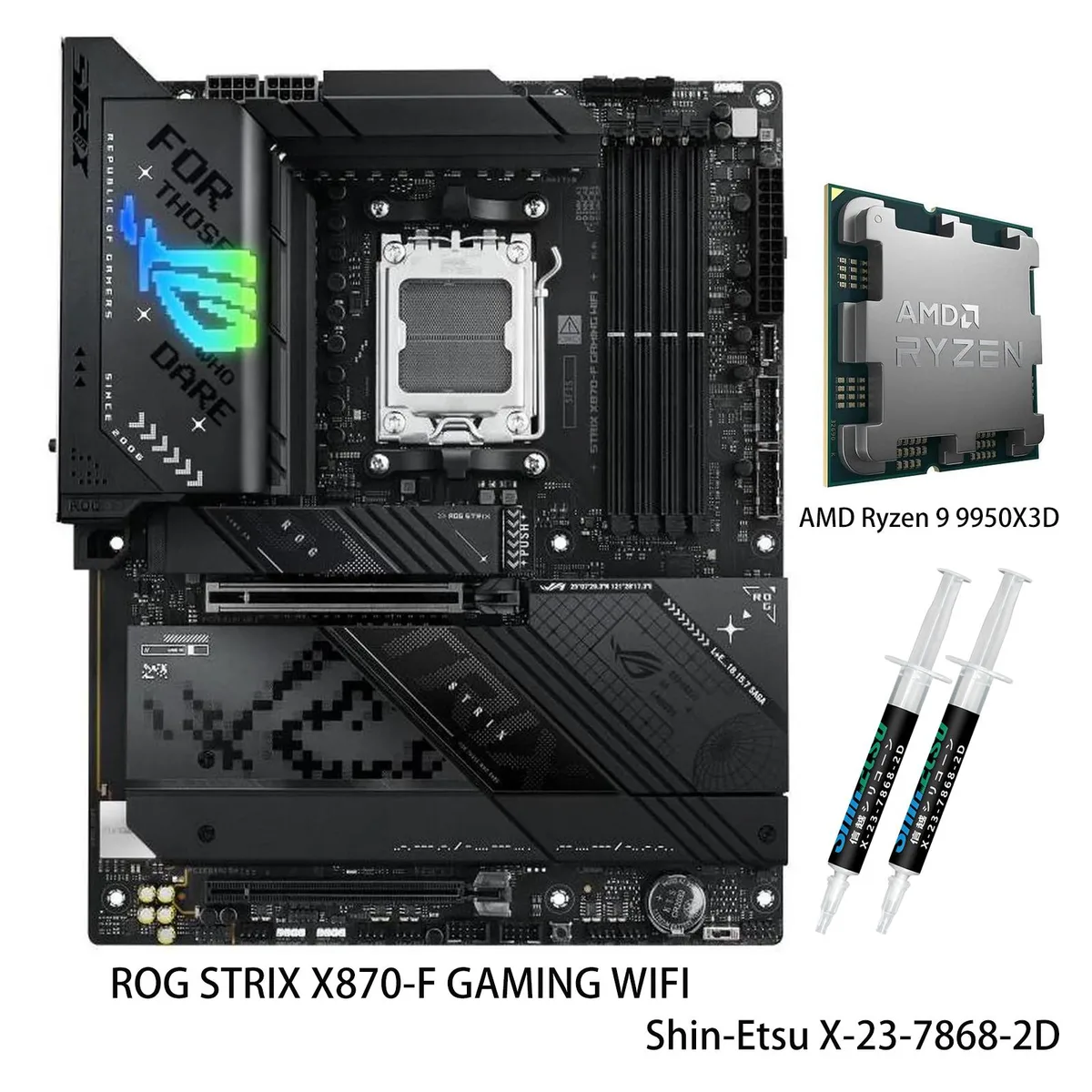 ASUS ASUS ROG STRIX X870-F GAMING WIFI + Ryzen 9 9950X3D AMD motherboard CPU combo — product photo
