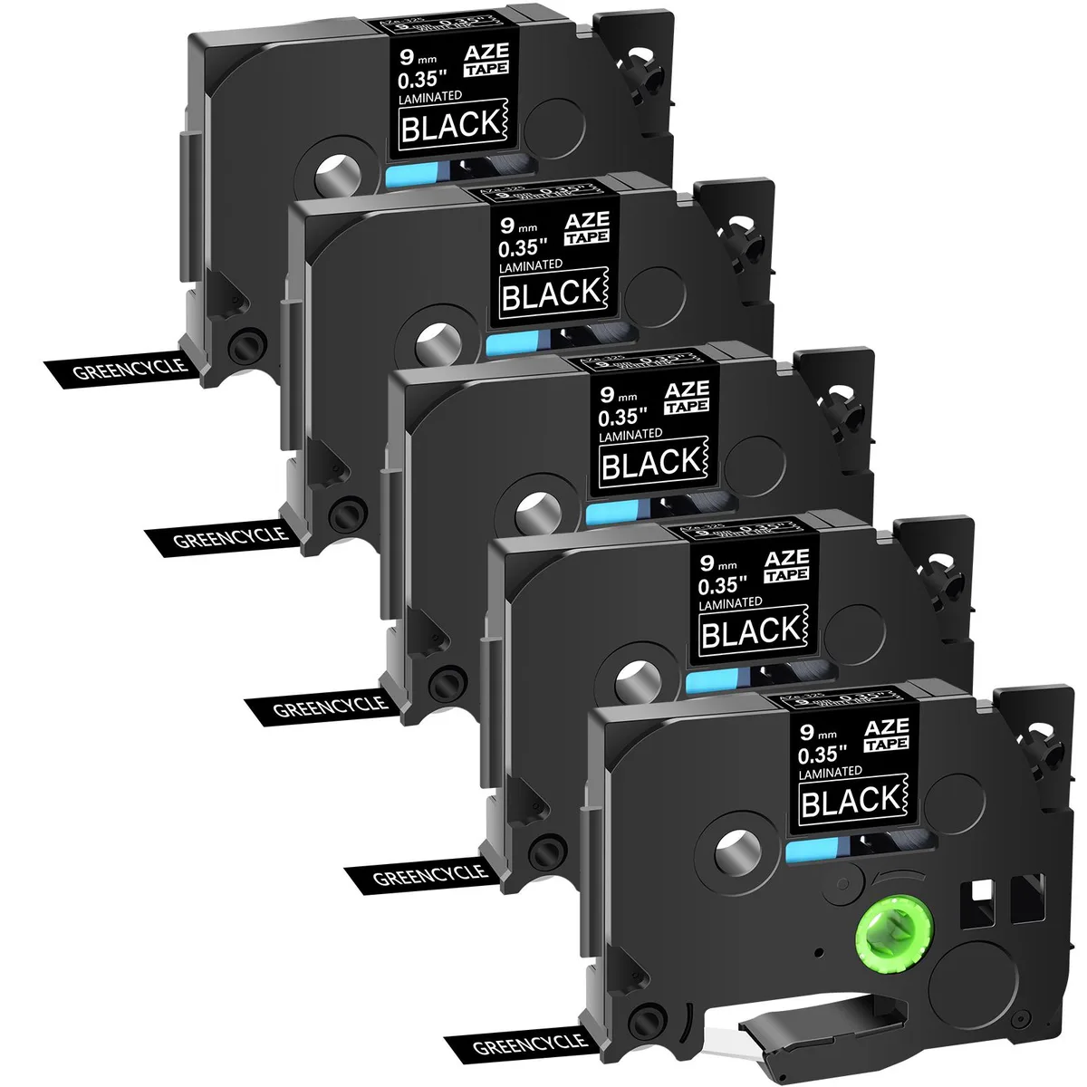 GREENCYCLE GREENCYCLE AZE-325 5-pack 9mm white on black laminated label tape — product photo