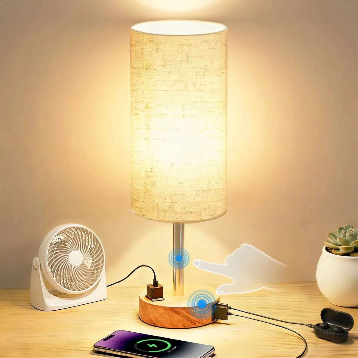 Wooden round table lamp with fabric shade and touch control